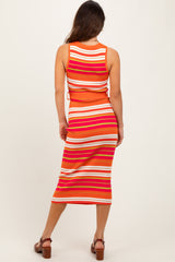 Fuchsia Multi Striped Ribbed Knit Fitted Midi Dress