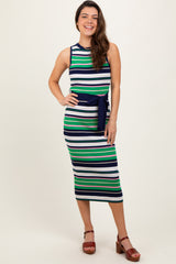 Navy Multi Striped Ribbed Knit Fitted Midi Dress