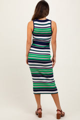 Navy Multi Striped Ribbed Knit Fitted Midi Dress