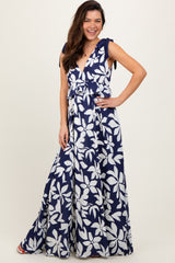Navy Floral Deep V-Neck Shoulder Tie Maxi Dress