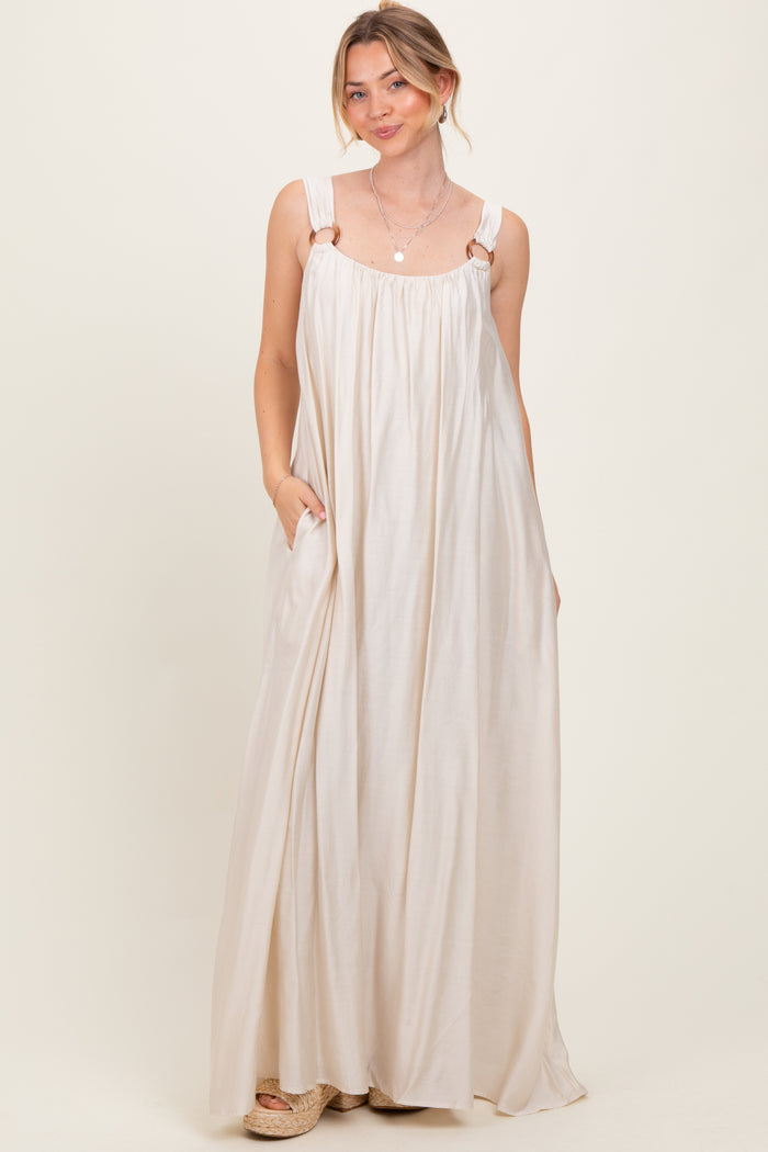 Cream O-Ring Strap Scoop Back Maternity Maxi Dress