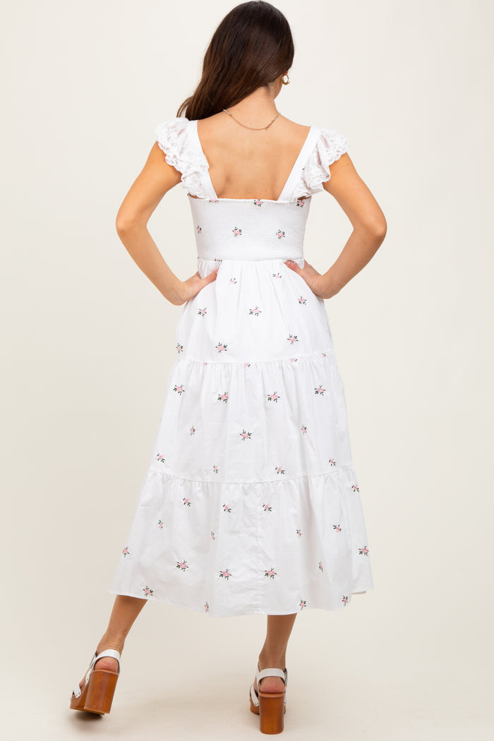 White Floral Embroidered Tiered Midi Dress