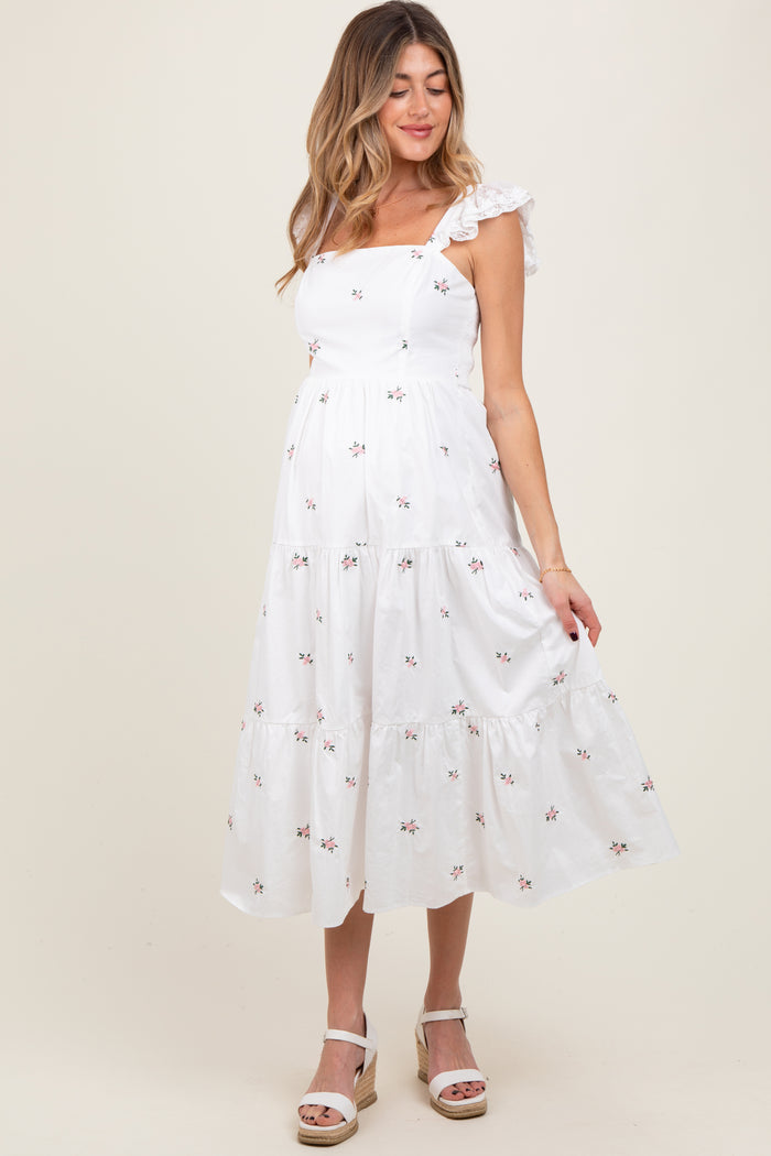 White Floral Embroidered Tiered Maternity Midi Dress