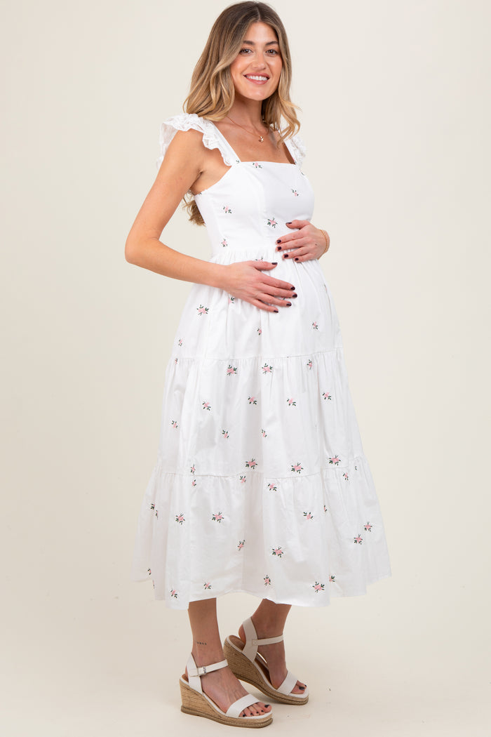 White Floral Embroidered Tiered Maternity Midi Dress