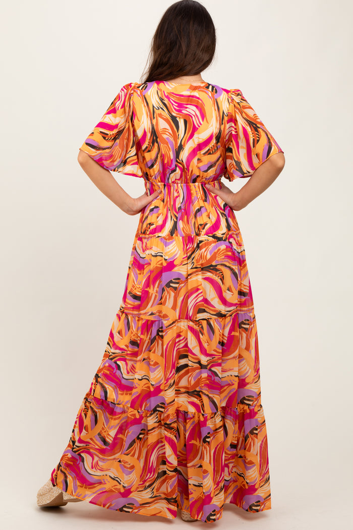 Magenta Brushstroke Print Tiered Maxi Dress