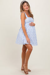 Light Blue Printed Square Neck Maternity Dress