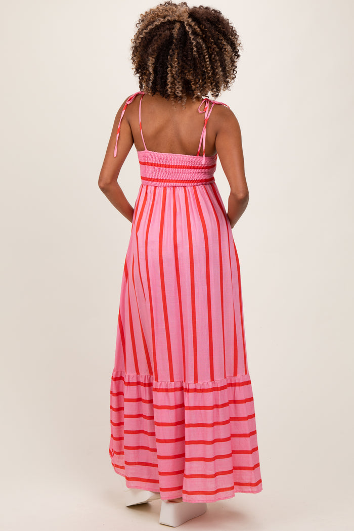 Pink Striped Shoulder Tie Maternity Maxi Dress
