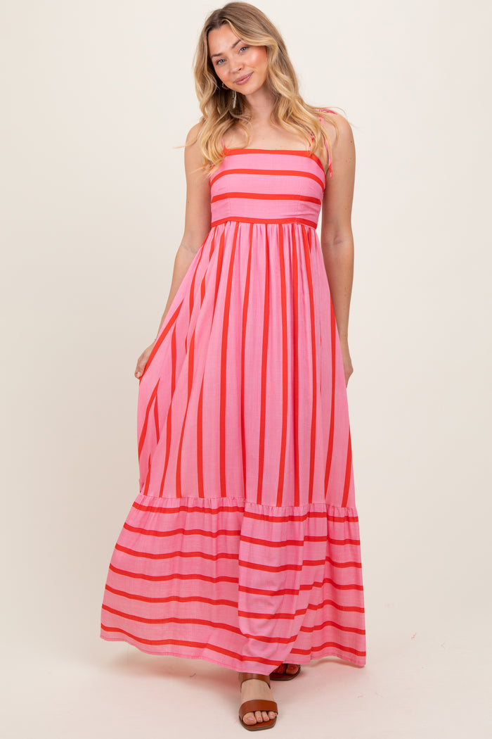 Pink Striped Shoulder Tie Maternity Maxi Dress