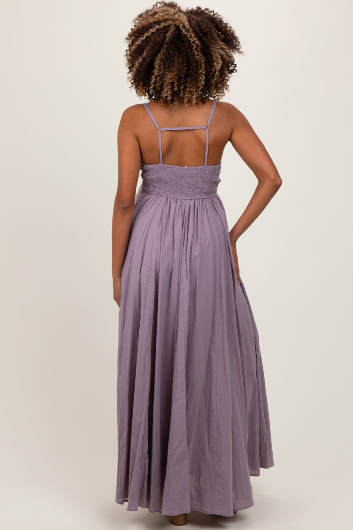 Purple Gathered Tie Front Maternity Maxi Dress