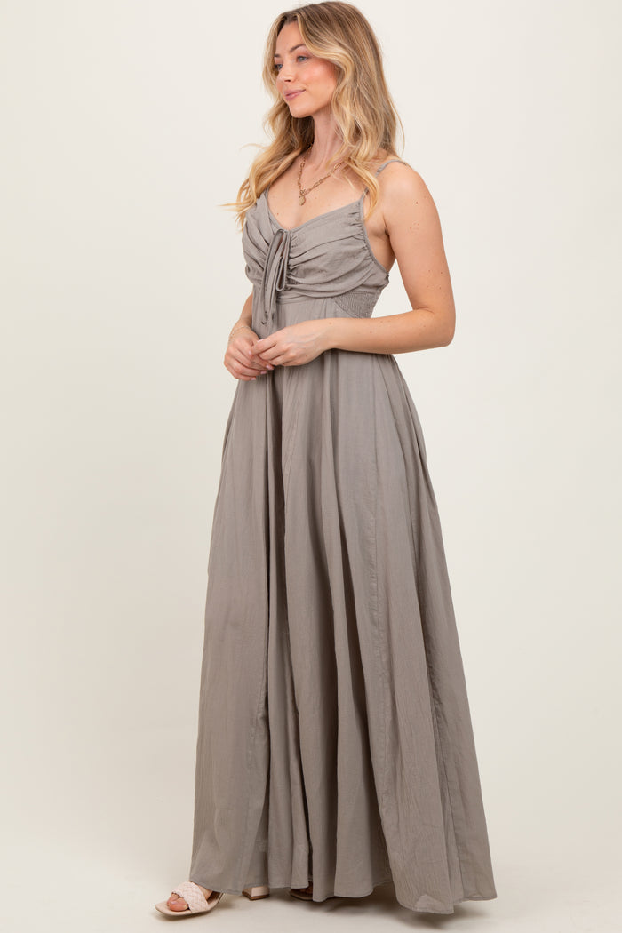 Light Olive Gathered Tie Front Maxi Dress