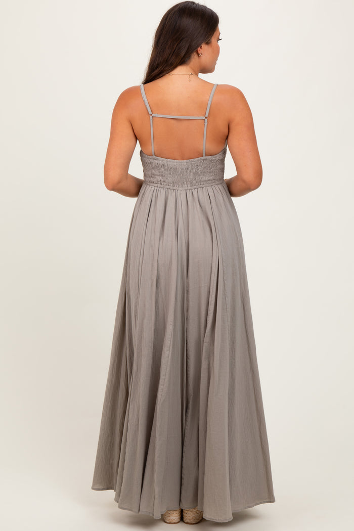 Light Olive Gathered Tie Front Maternity Maxi Dress