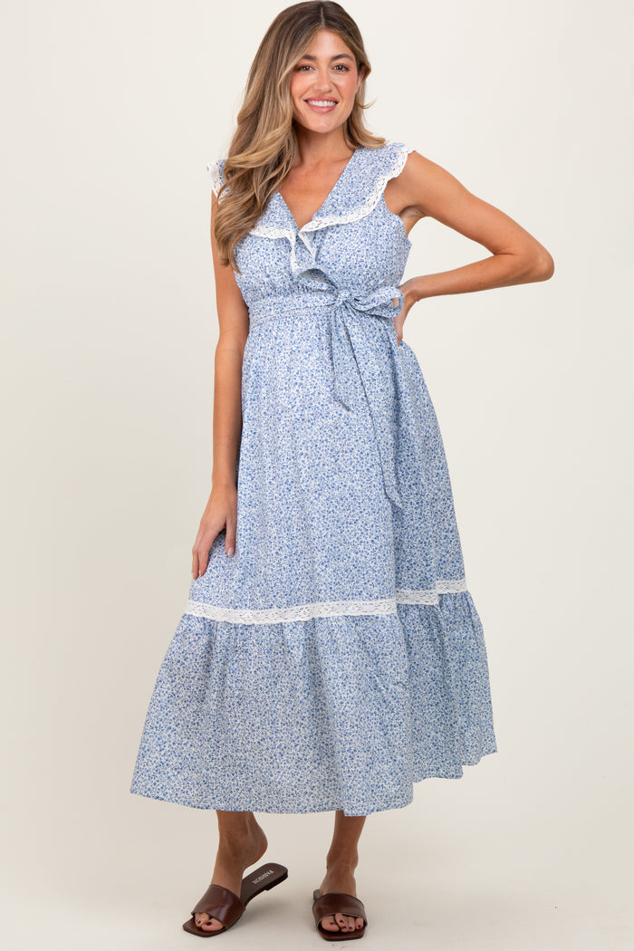 Light Blue Ruffled Floral Cotton Maternity Maxi Dress
