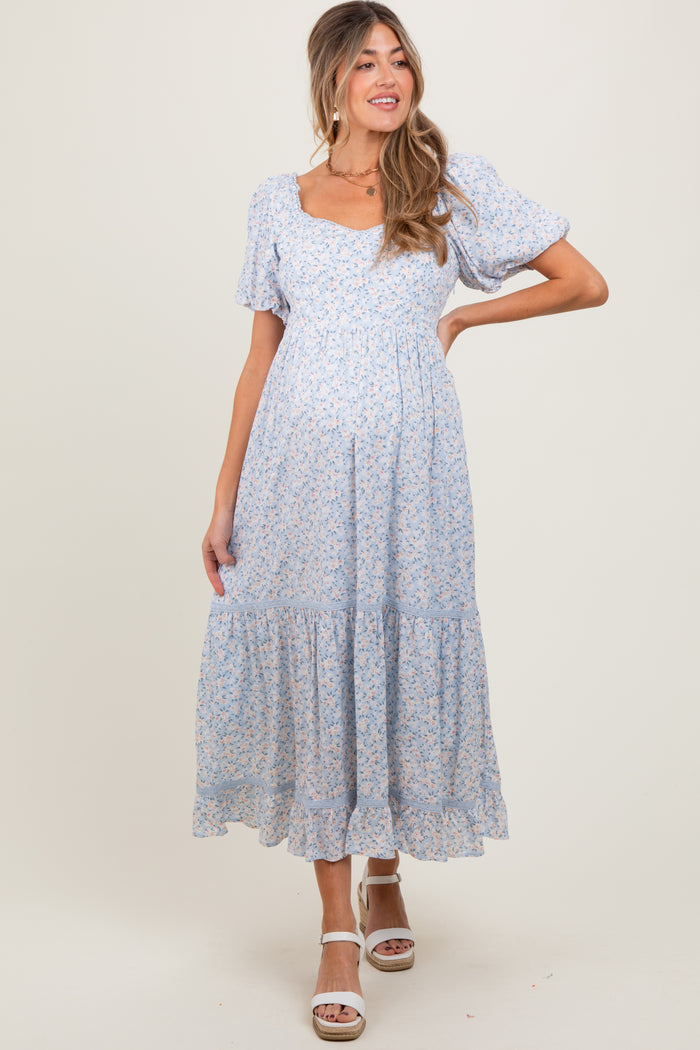 Light Blue Floral Sweetheart Maternity Maxi Dress