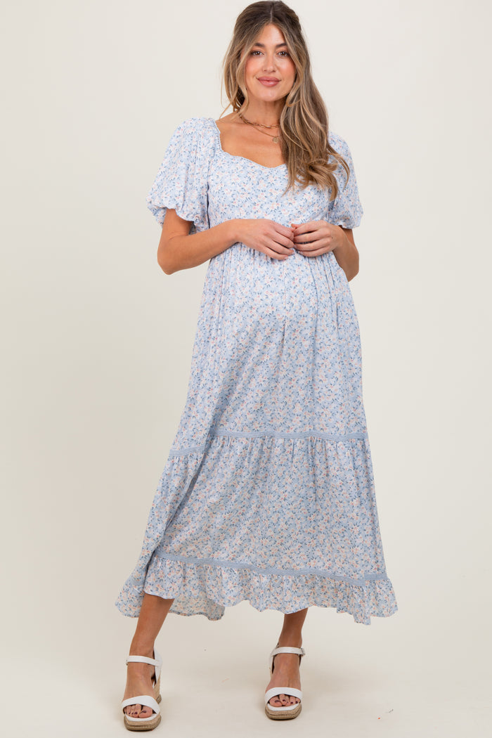 Light Blue Floral Sweetheart Maternity Maxi Dress