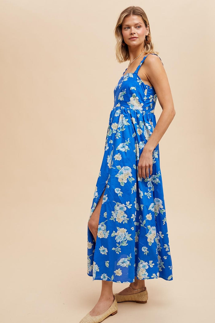 Royal Blue Floral Bold Print Cotton Maxi Dress