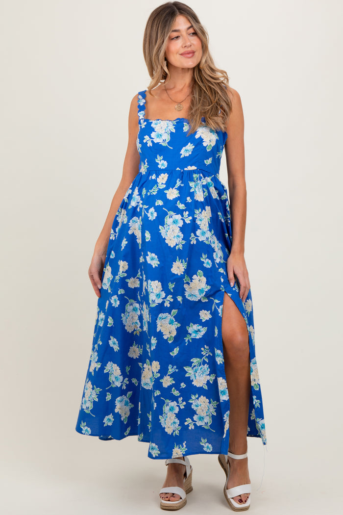 Royal Blue Floral Bold Print Cotton Maternity Maxi Dress