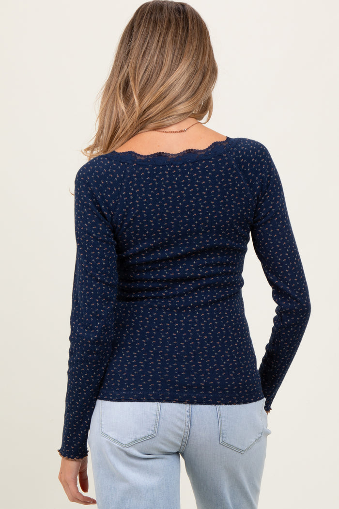 Navy Lace Trim Floral Fitted Top