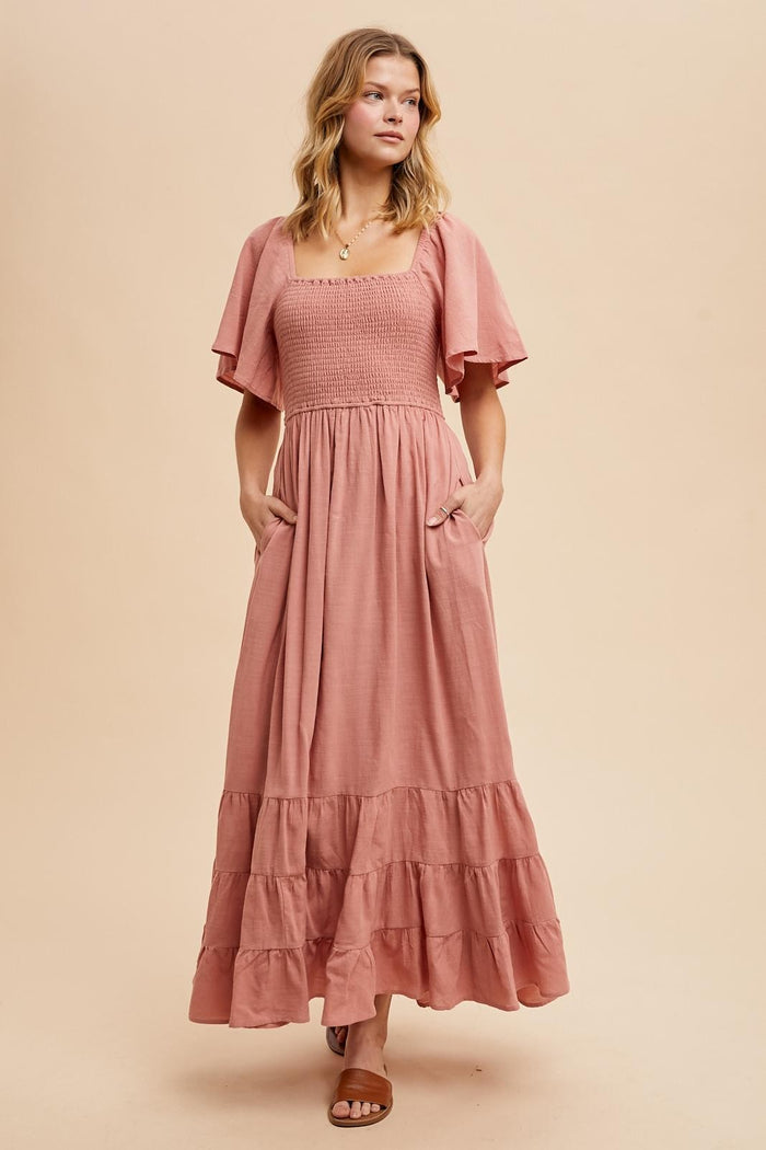 Mauve Smocked Cotton Flutter Sleeve Maternity Maxi Dress
