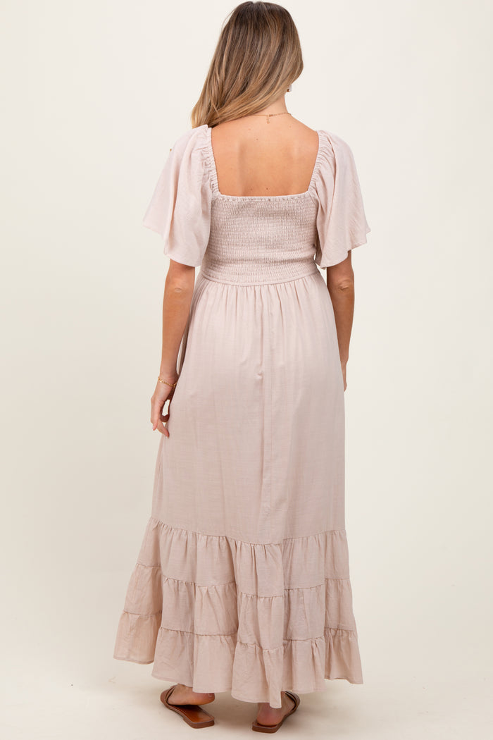 Cream Smocked Cotton Flutter Sleeve Maternity Maxi Dress
