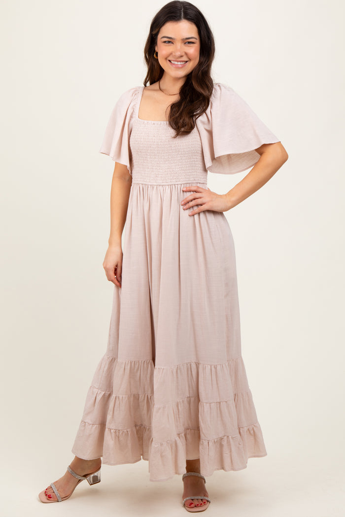 Cream Smocked Cotton Flutter Sleeve Maxi Dress