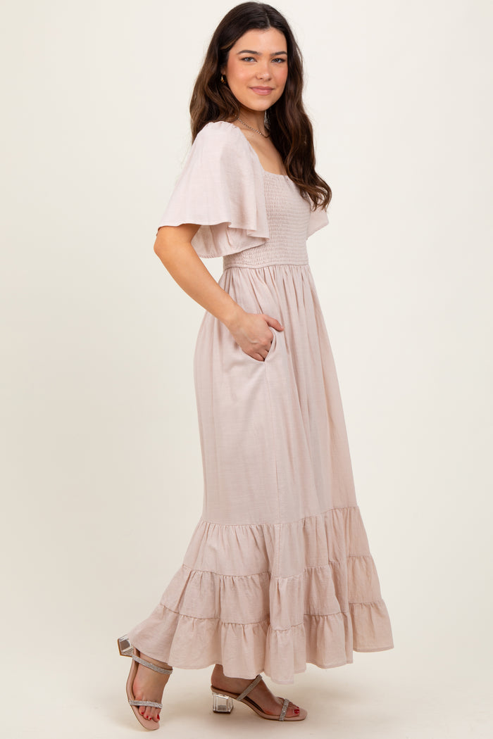 Cream Smocked Cotton Flutter Sleeve Maxi Dress