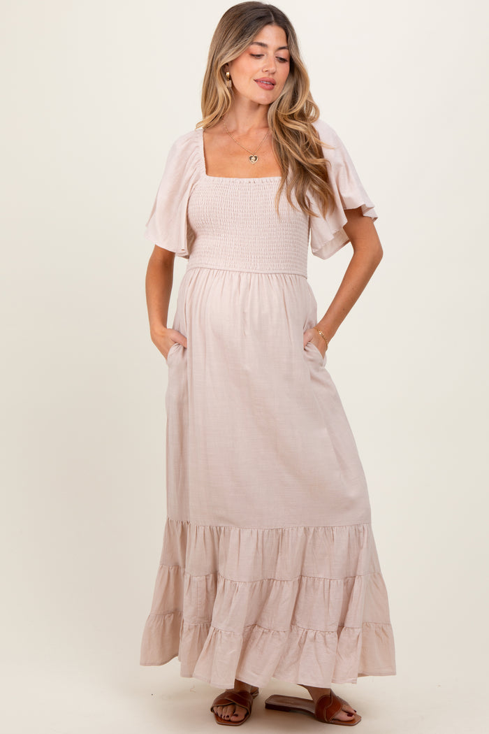 Cream Smocked Cotton Flutter Sleeve Maternity Maxi Dress