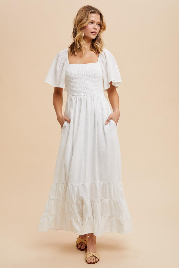 Ivory Smocked Cotton Flutter Sleeve Maternity Maxi Dress