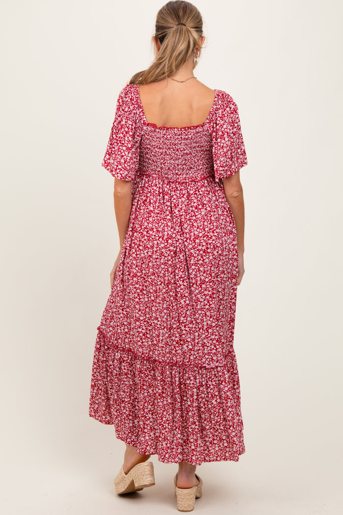 Burgundy Floral Button Front Maternity Midi Dress