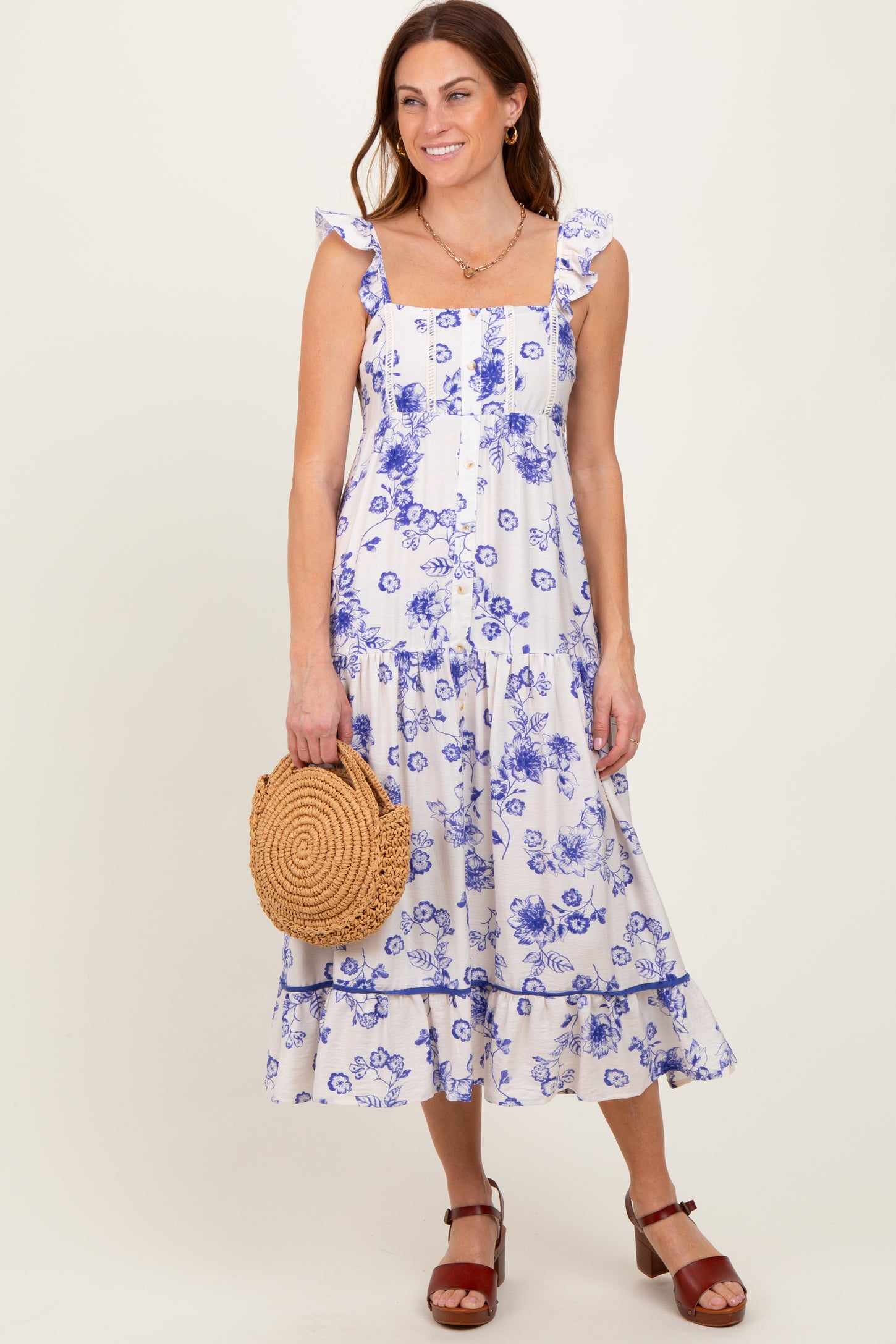 Navy Floral Ruffle Strap Tiered Midi Dress