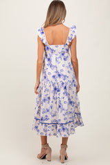Navy Floral Ruffle Strap Tiered Maternity Midi Dress