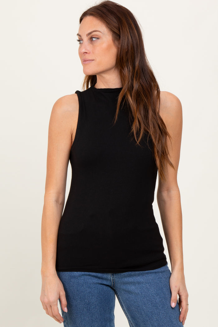Black Ribbed Sleeveless Mock Neck Maternity Top