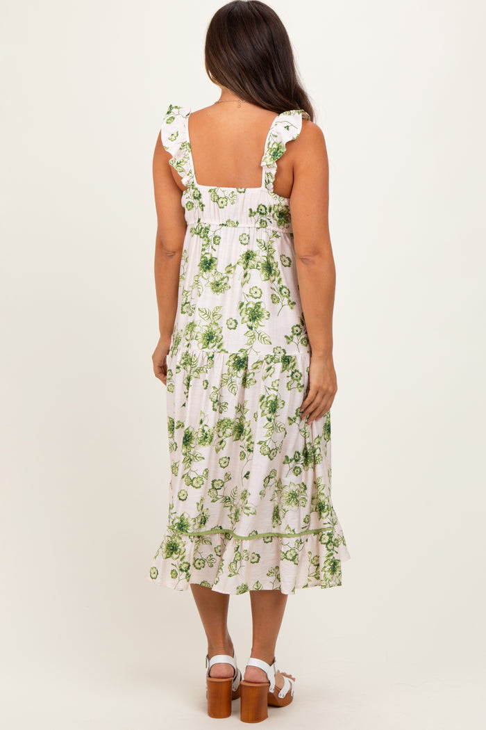 Green Floral Ruffle Strap Tiered Maternity Midi Dress