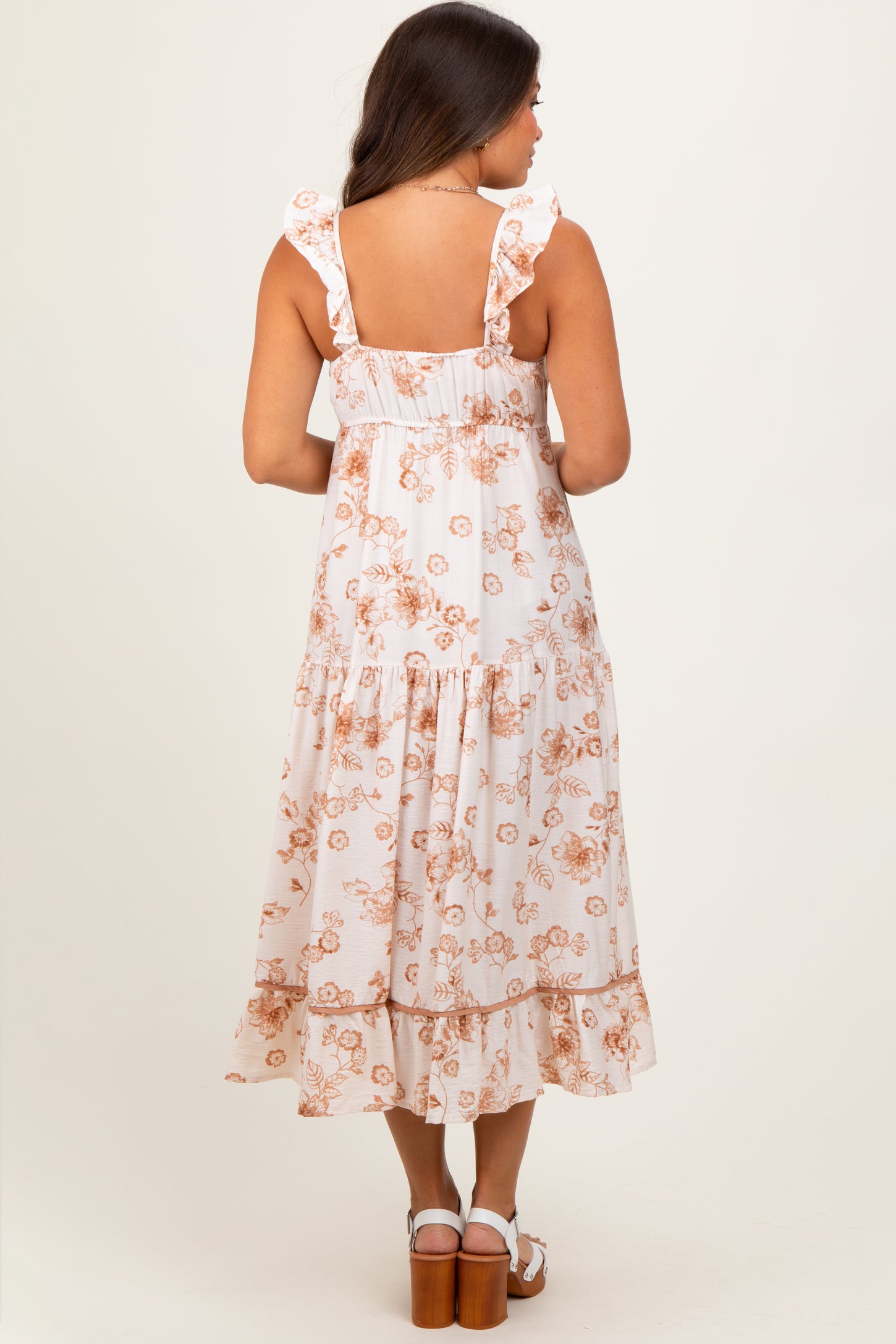 Brown Floral Ruffle Strap Tiered Maternity Midi Dress