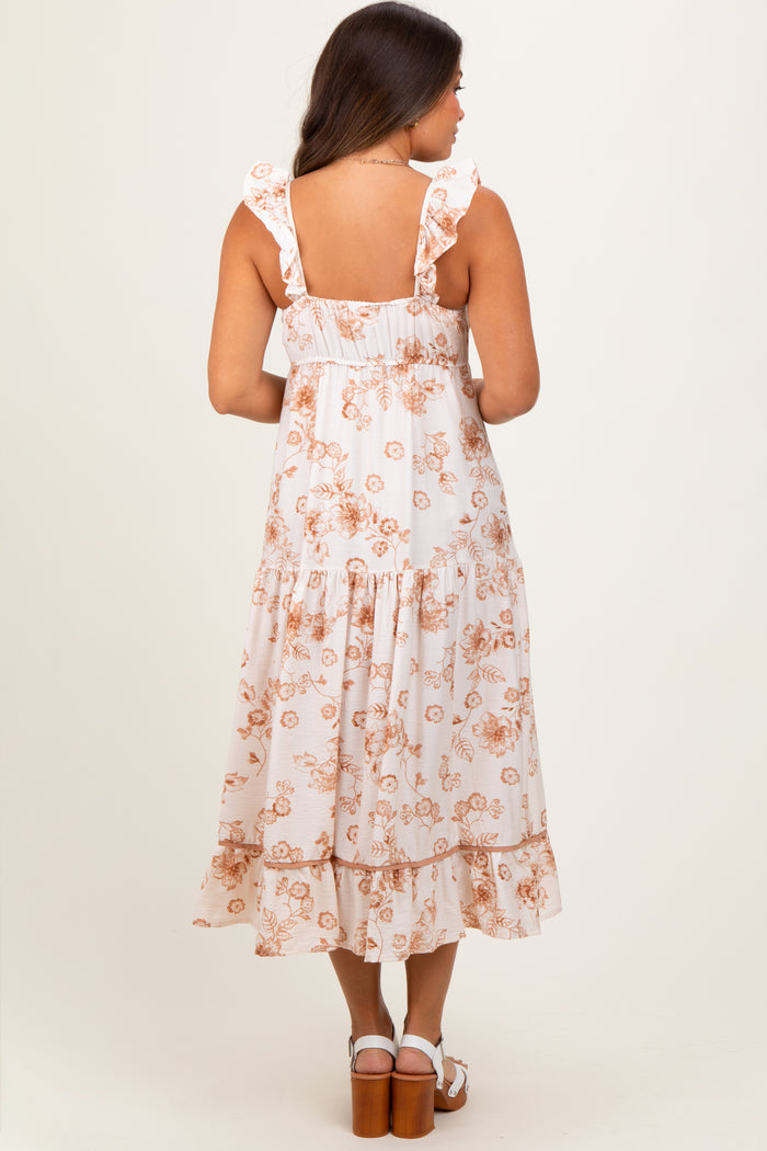 Brown Floral Ruffle Strap Tiered Maternity Midi Dress