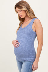 Blue Melange Ribbed Fitted Maternity Tank Top