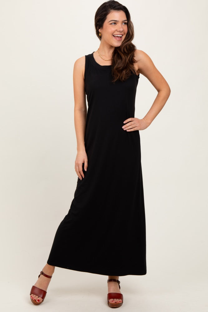 Black Sleeveless Flared Scoop Neck Maxi Dress
