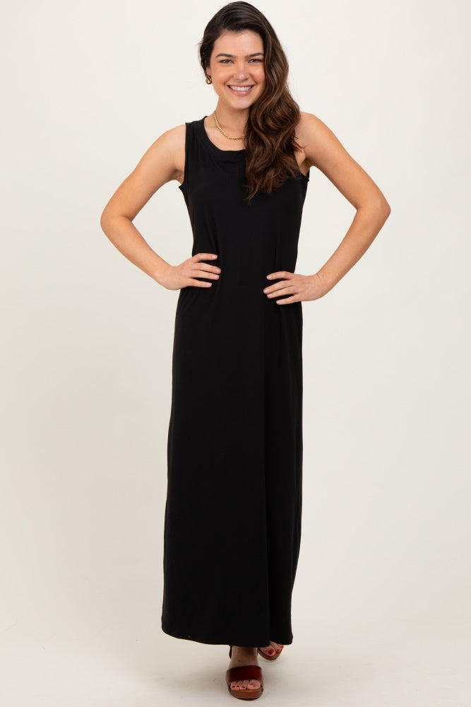 Black Sleeveless Flared Scoop Neck Maternity Maxi Dress