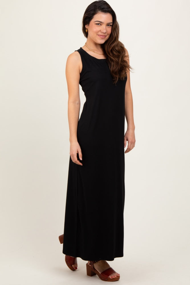 Black Sleeveless Flared Scoop Neck Maxi Dress