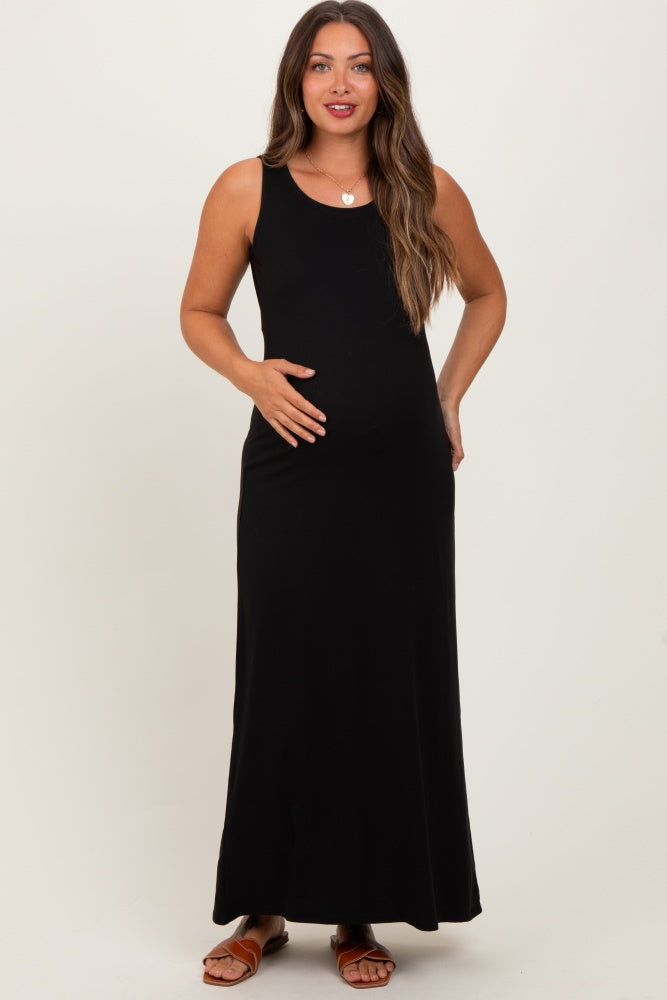 Black Sleeveless Flared Scoop Neck Maternity Maxi Dress