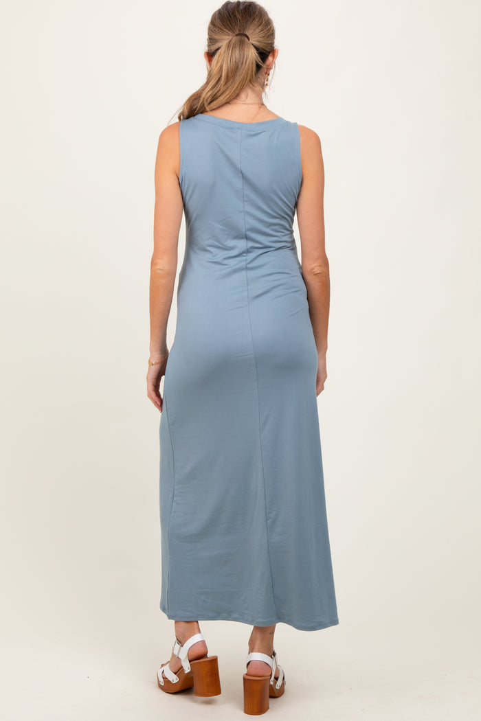 Light Blue Sleeveless Flared Scoop Neck Maternity Maxi Dress