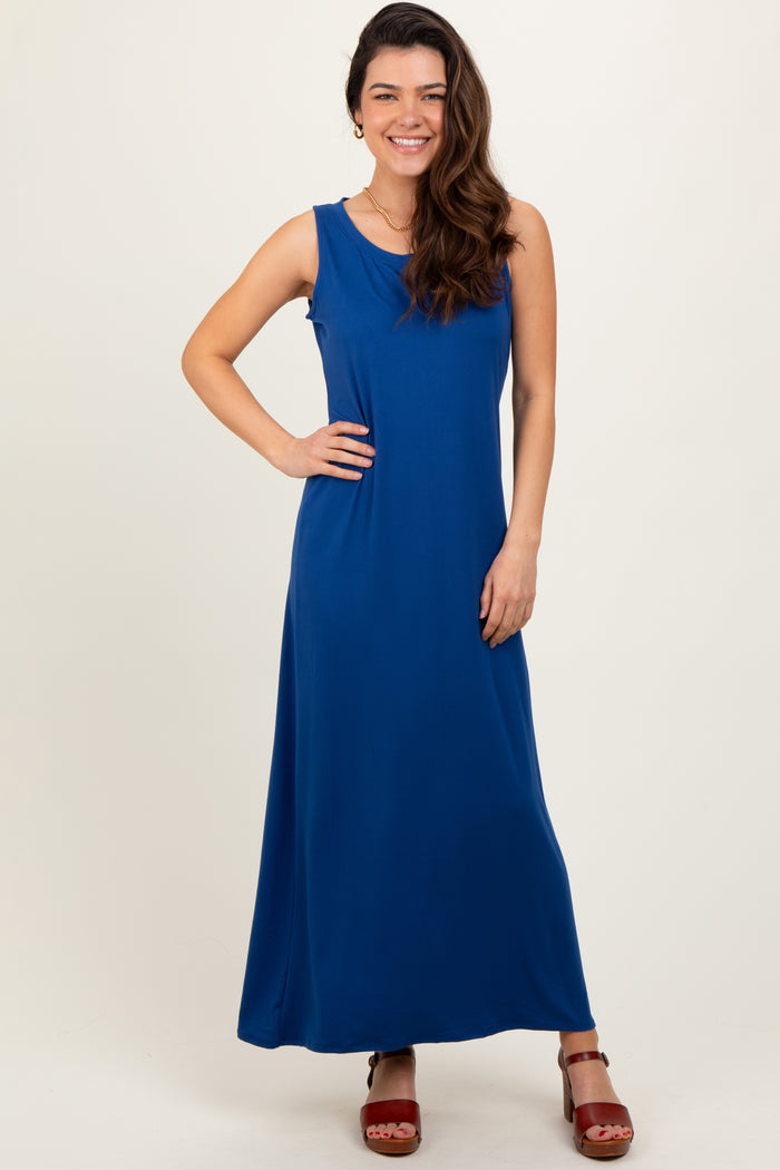 Navy Sleeveless Flared Scoop Neck Maternity Maxi Dress