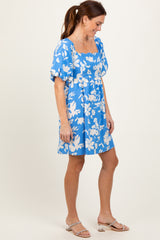 Blue Floral Puff Sleeve Mini Dress
