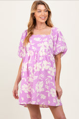 Lavender Floral Puff Sleeve Maternity Mini Dress