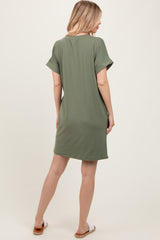 Light Olive Brushed Rolled Short Sleeve V-Neck Dress