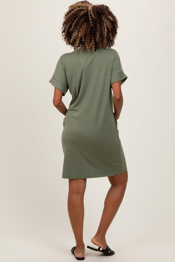 Light Olive Brushed Rolled Short Sleeve V-Neck Maternity Dress