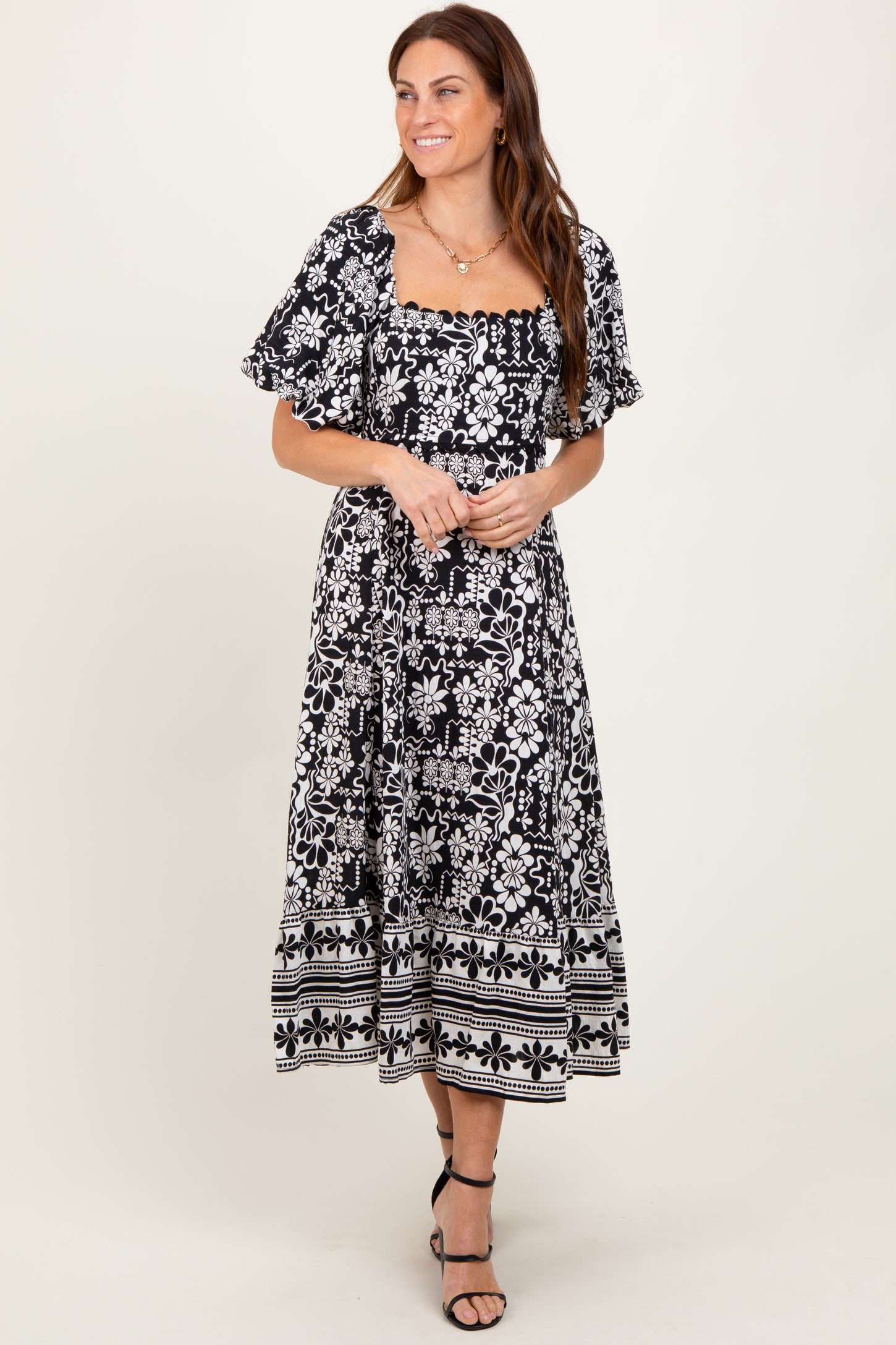 Black Floral Scallop Trim Midi Dress