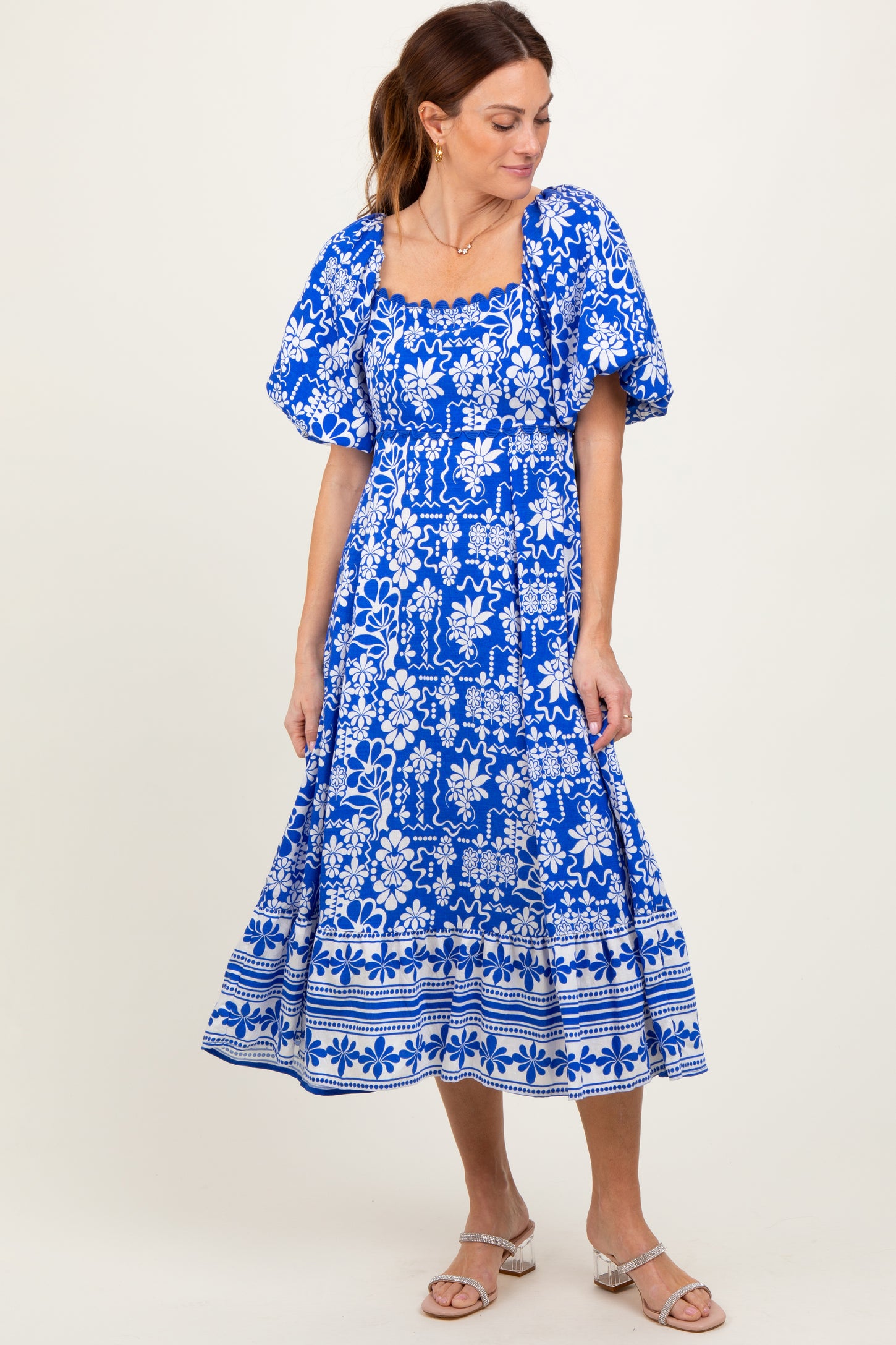 Blue Floral Scallop Trim Maternity Midi Dress