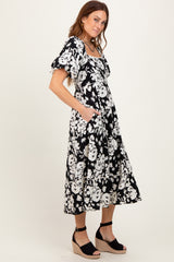 Black Floral Scallop Trim Puff Sleeve Midi Dress