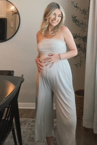Beige Double Layered Strapless Tube Top Maternity Jumpsuit