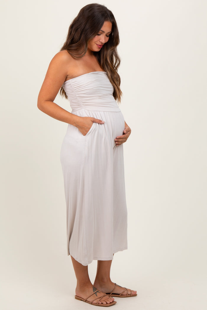 Beige Double Layered Strapless Tube Top Maternity Jumpsuit